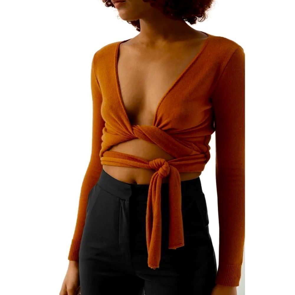 Musier Paris Brown wrap crop sweater long sleeve surplus xs 34 urban boho chic